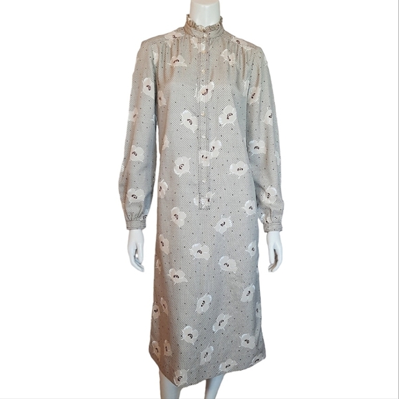 Vintage 70s Day Dress size Medium Edwardian Collar Midi Modest - Picture 3 of 9